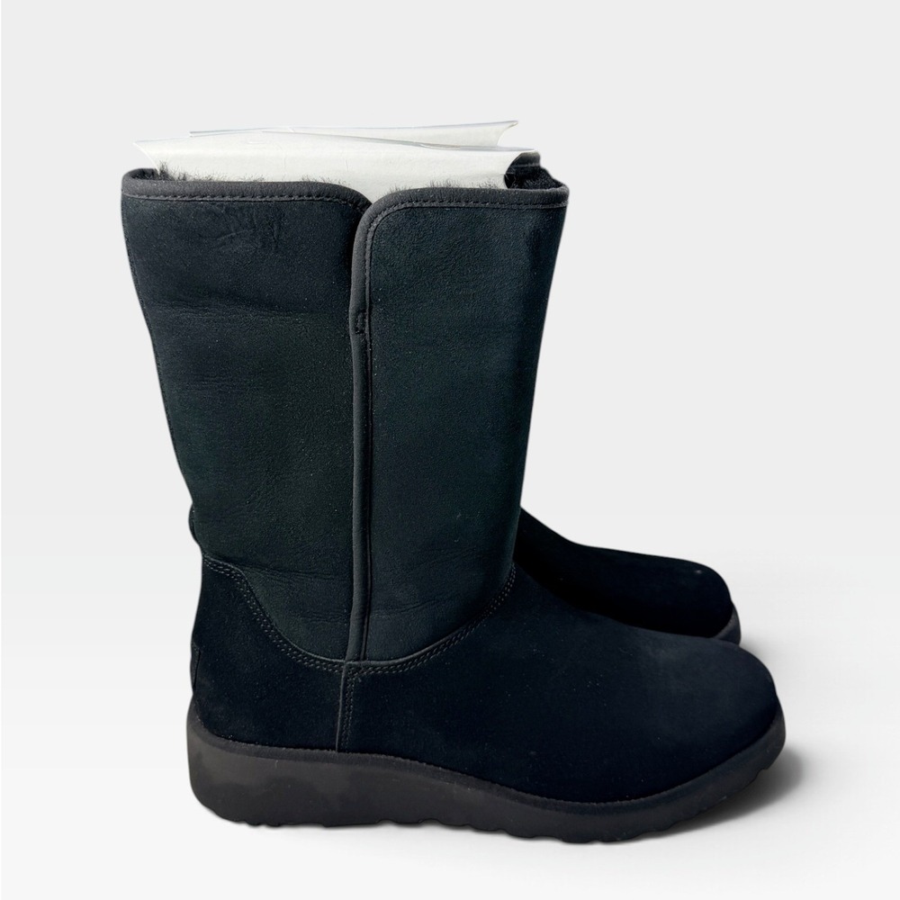 UGG Amie Boot Women 11 Black Suede Sheepskin Wedge Mid Calf Winter Excellent